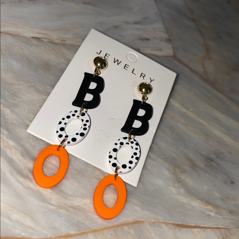 Halloween BOO Acrylic Drop Earrings Black White Orange Polka Dot Dangle Jewelry - Picture 2 of 8